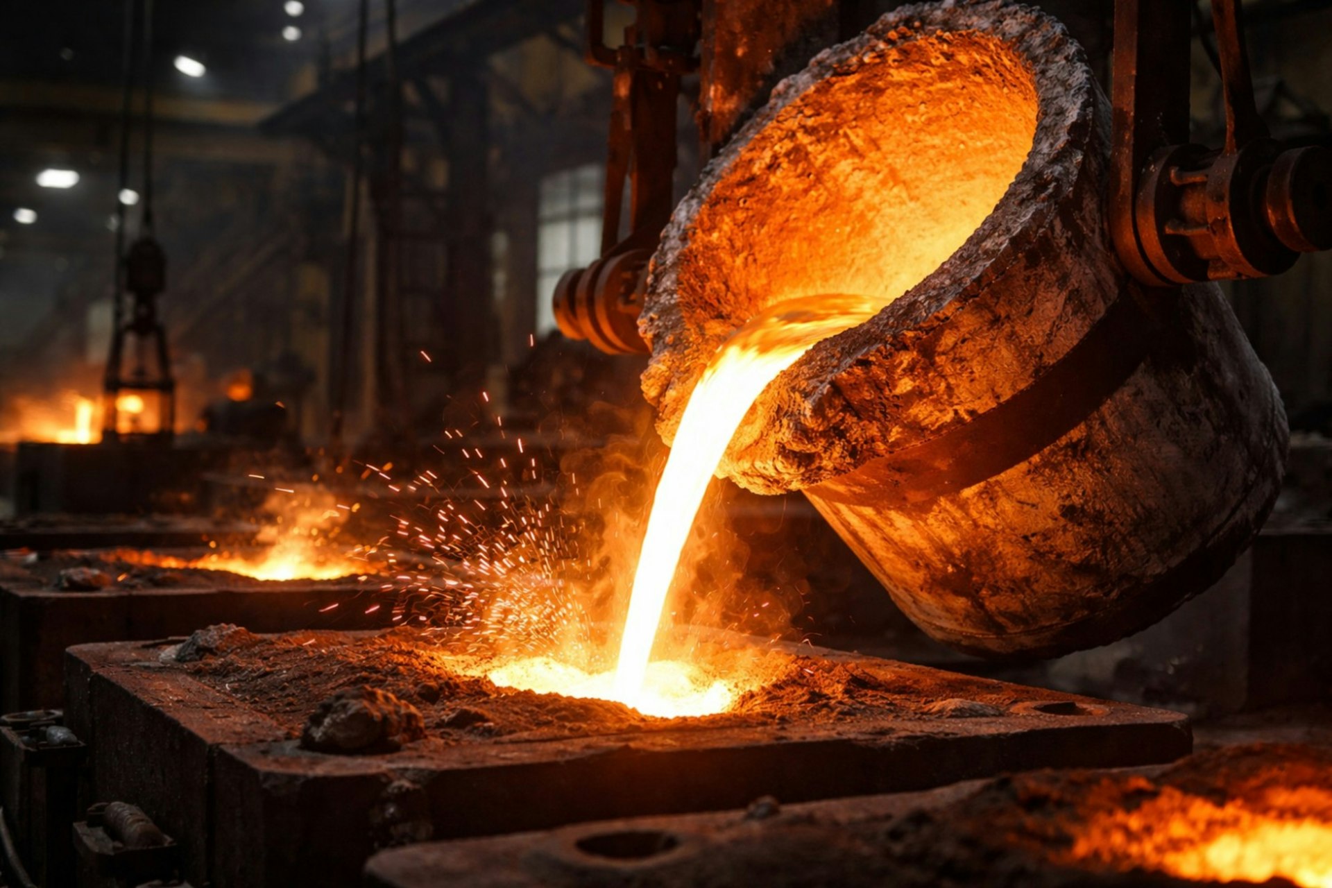 Molten iron being poured from a ladle in a foundry